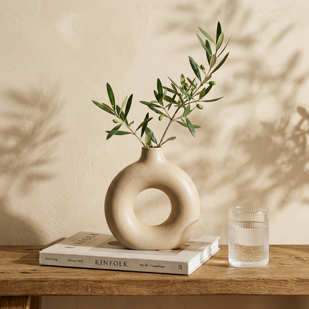 Minimal still life with ceramic donut vase, olive branch, KINFOLK book and a glass of water under sunlight