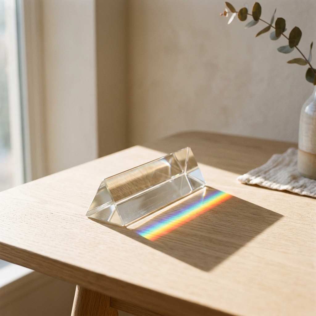 Clear glass prism reflecting warm light showing refraction and focus on a beige oak desk