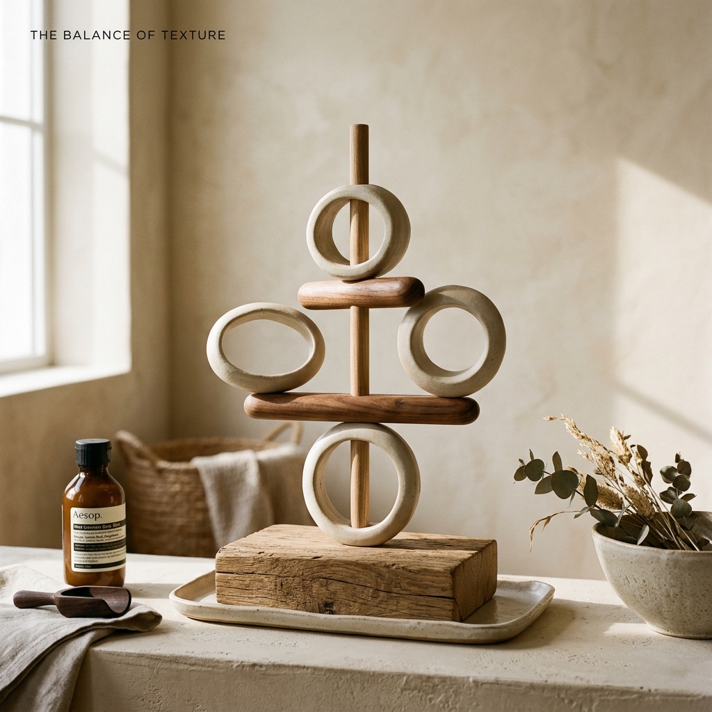 Minimalist balanced sculpture of ceramic rings and wood showing harmony under warm sunlight