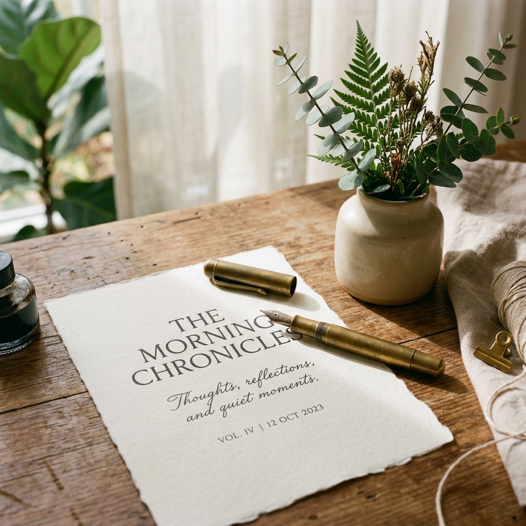 Aesthetic setup of a classic brass fountain pen, typed paper, and plant branches in soft shadow