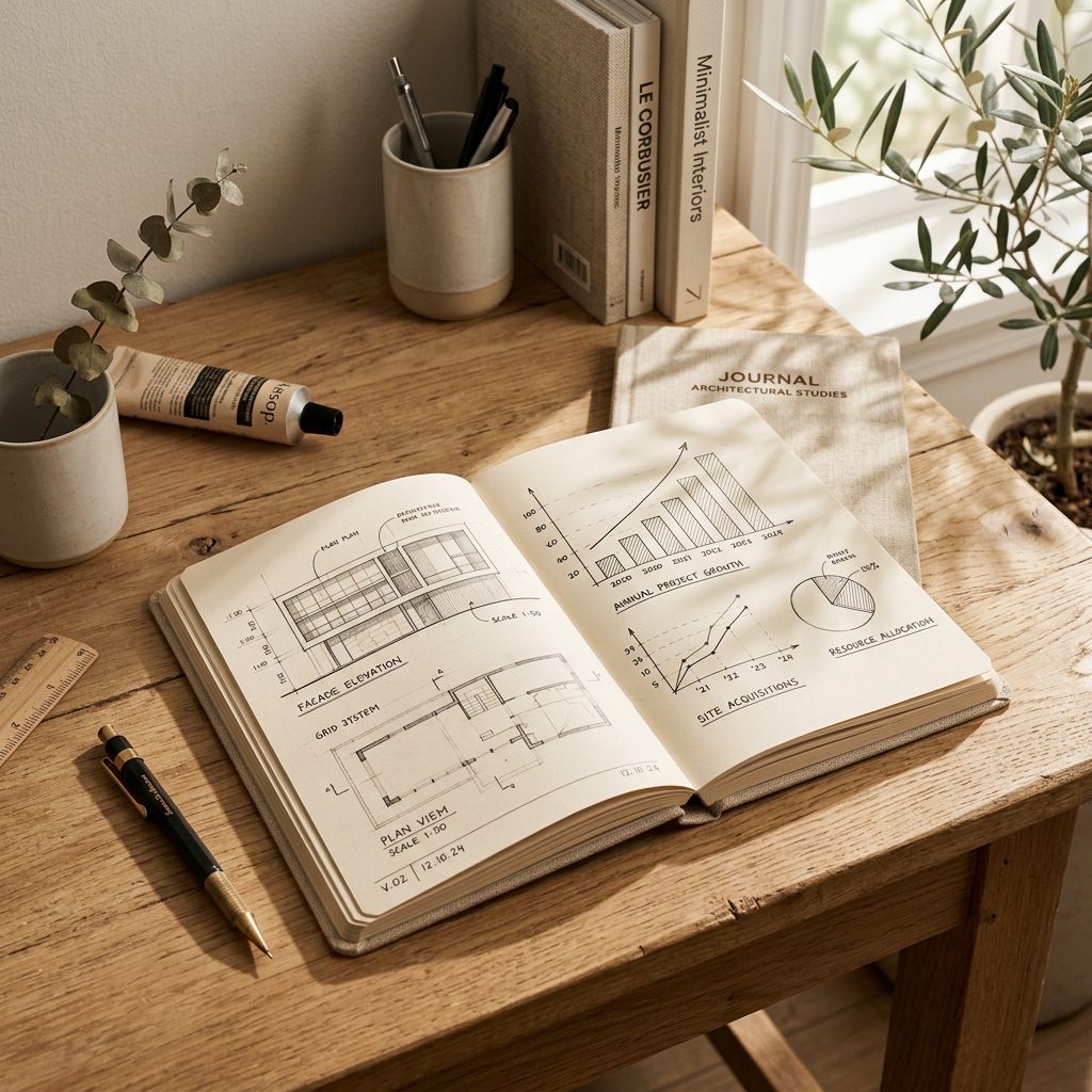 Minimal desk displaying designer notebook with sketches and growth charts under soft morning sunlight